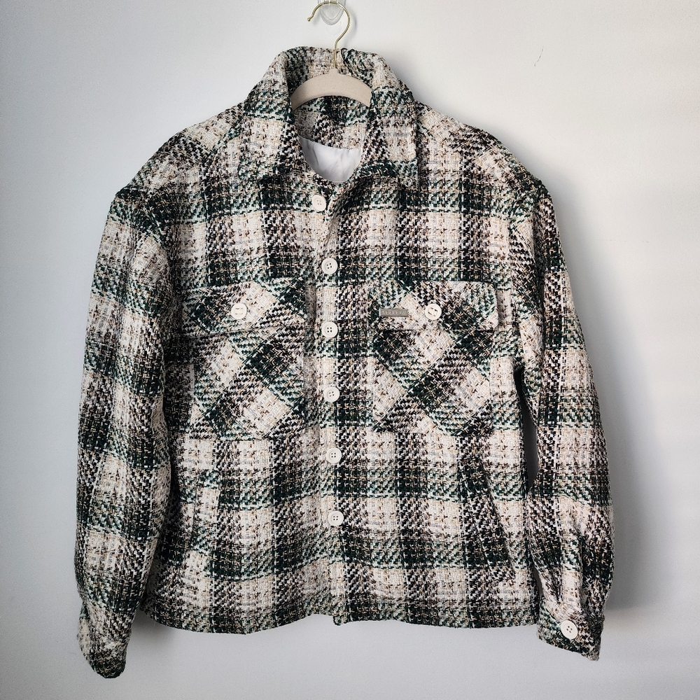 YoungLA Cream & Green Plaid Shirt Jacket-small